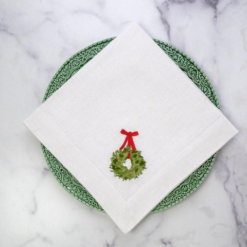 Boxwood Wreath Napkins Set of 4 - White with Red Ribbon