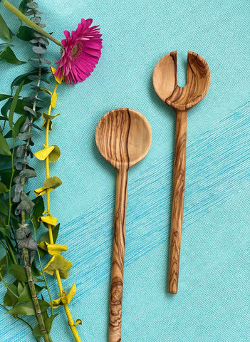 Olive Wood Demi Lune Salad Serving Set