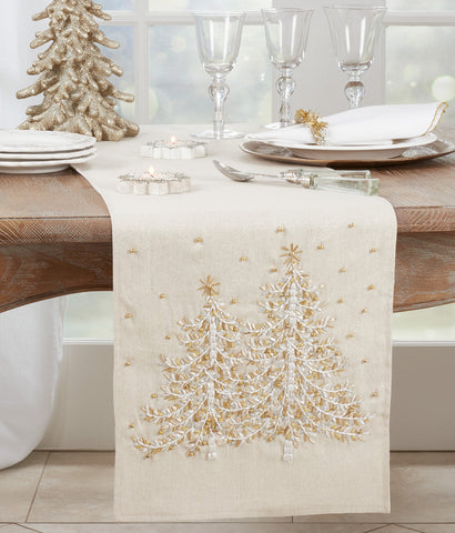 Embroidered Christmas Tree Runner, Natural, 14" x 72"