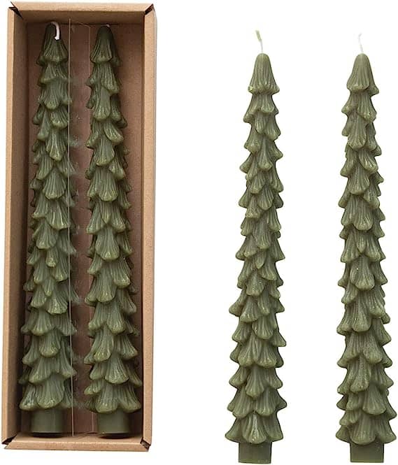 Unscented Tree Shaped Taper Candles, Dark Green, Boxed Set Of 2