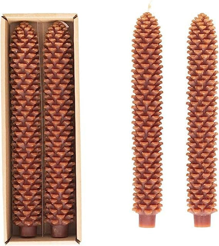 Unscented Pinecone Shaped Taper Candles, Brown, Boxed Set of 2
