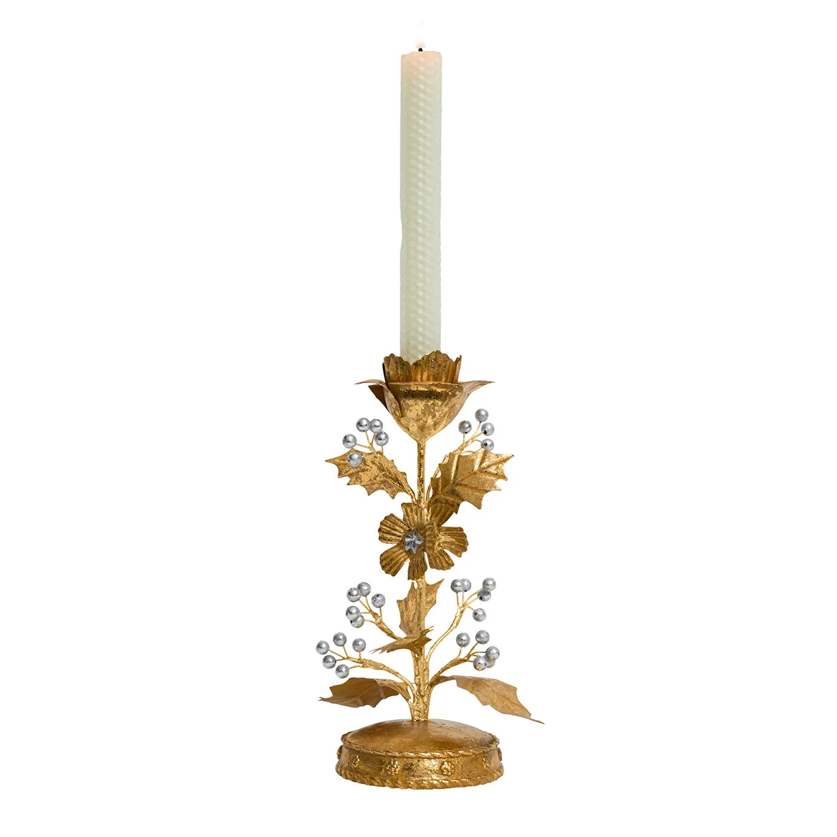 Forest Walk  Holly 9" Candlestick - Gold/Silver