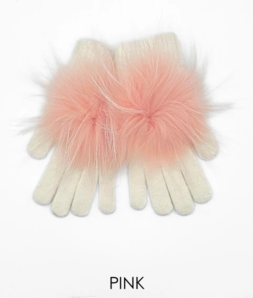 Pom Pom Angora Gloves White/Pink
