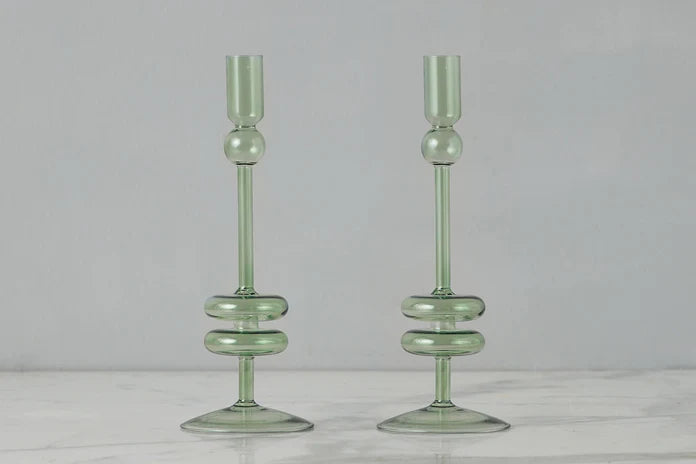 Sage Glass Candlestick Pair, Medium