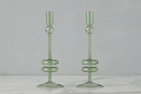 Sage Glass Candlestick Pair, Medium