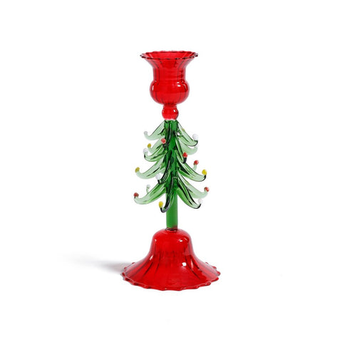 Holiday Tree Taper Candle Holder, Red & Green, Pair