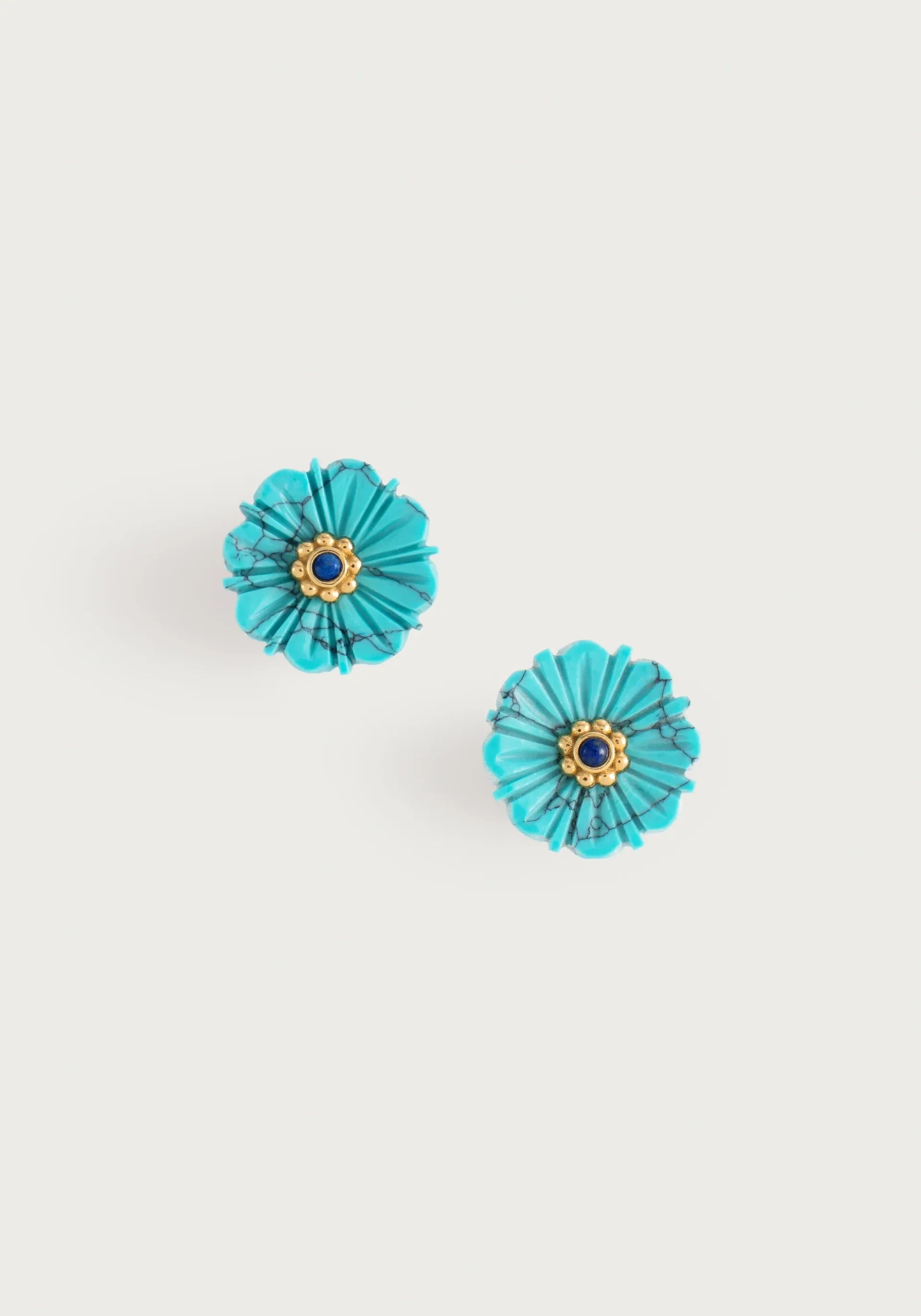 Milos Carved Stone Flower Stud Earrings-Turquoise