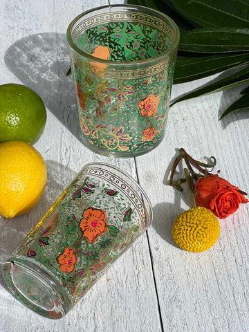 Set of 6 Moroccan Tea Glasses Hand Painted Garden