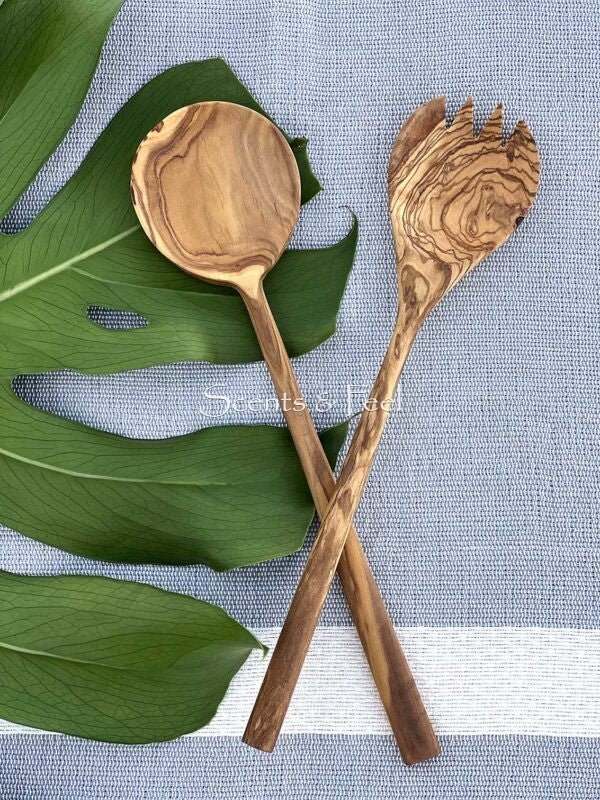 Olive Wood Salad Set with Thin Handle