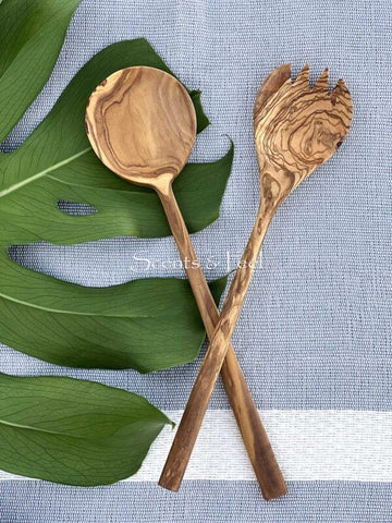 Olive Wood Salad Set with Thin Handle