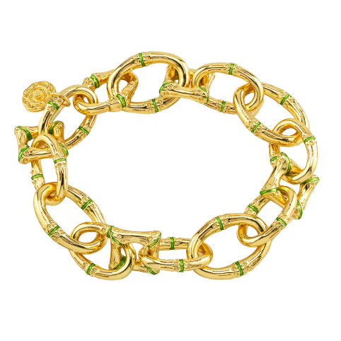 Bangkok Bamboo Link Bracelet, 7.25" - Gold/Green Enamel