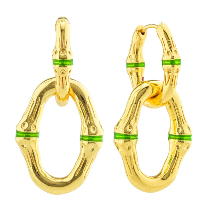 Bangkok Bamboo Link Earrings - Gold/Green Enamel