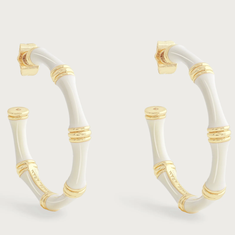 Bamboo Enameled Hoop Earrings-Creme