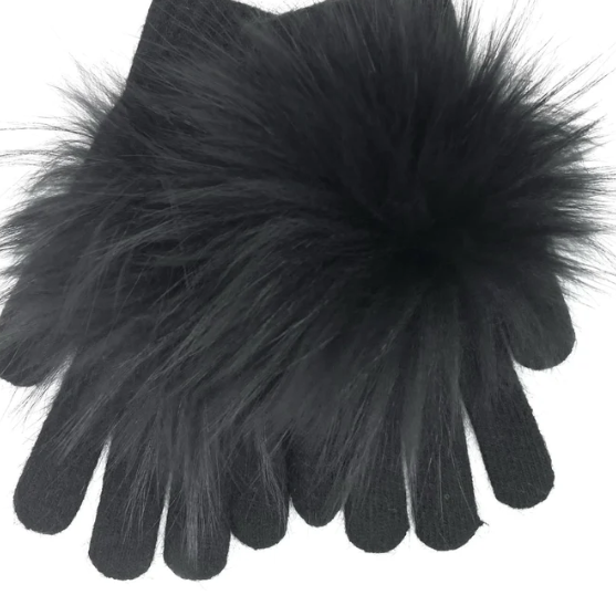 Angora Gloves with Fur Pompom-Black