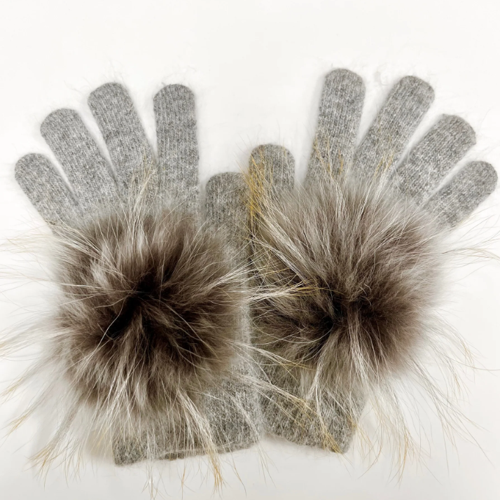 Angora Gloves with Fur Pompom-Dove Grey