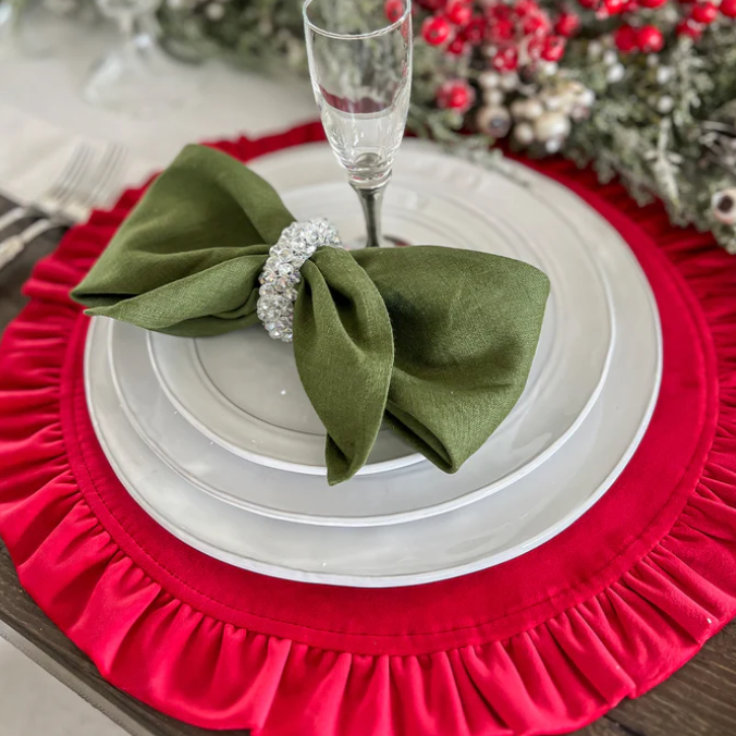 Velvet Round Placemat with Ruffle-Red Set of 4