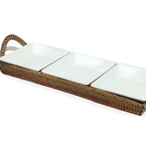 3 Section Condiment Server Tray with Porcelain Dishes