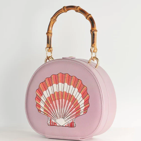 Embroiderd Shell Lilac Bamboo Top Handle Bag
