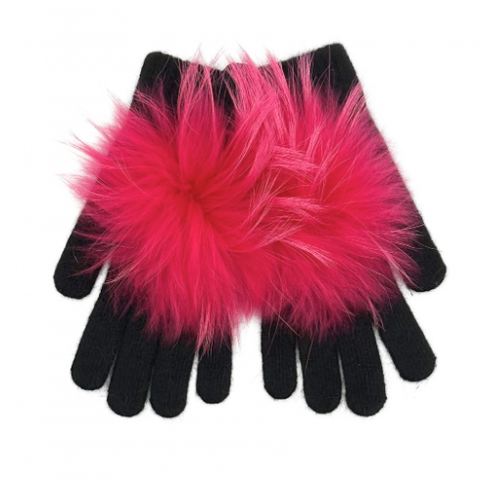Pom Pom Angora Gloves - Black/Fuchsia