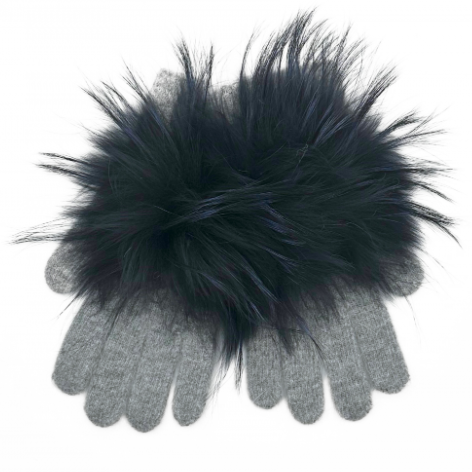 Pom Pom Angora Gloves - Gray/Navy