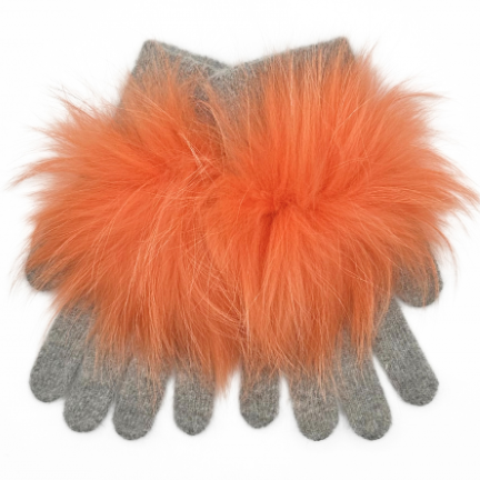 Pom Pom Angora Gloves - Gray/Apricot