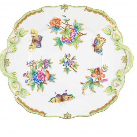 Queen Victoria Green Square Cake Plate with Handles