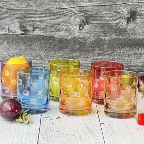 Set of 6 Drinking Color Glasses Carved Bubbles