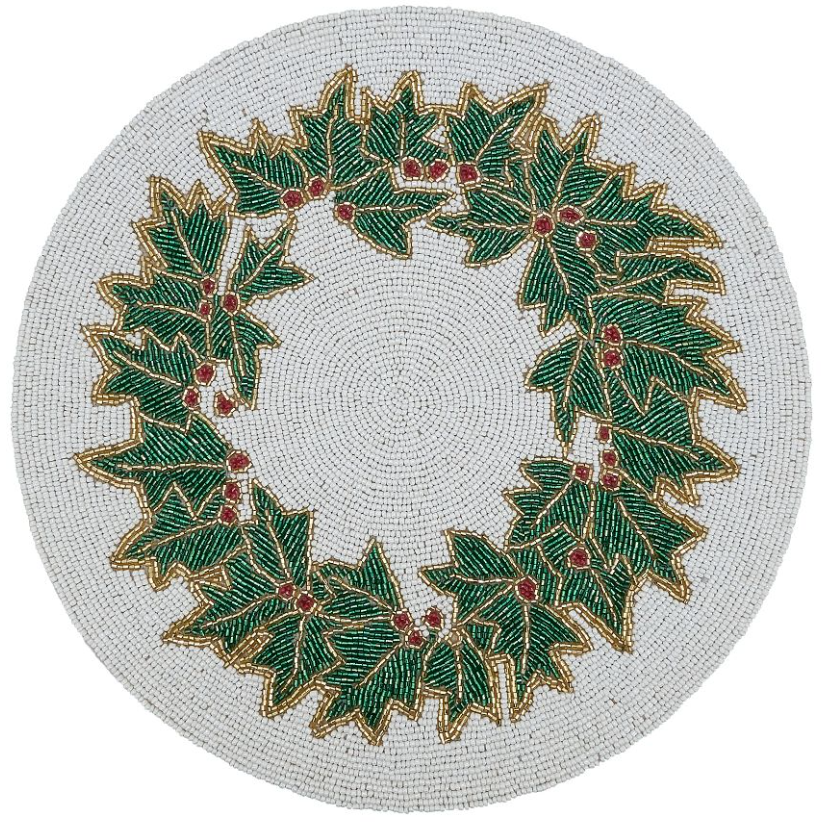 Embroidered Beaded Holly Placemats, Set of 4