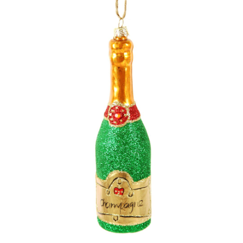 Glittered Champagne Ornament-Green