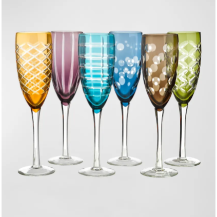 Multicolor Cut Champagne Flutes, Set of 6