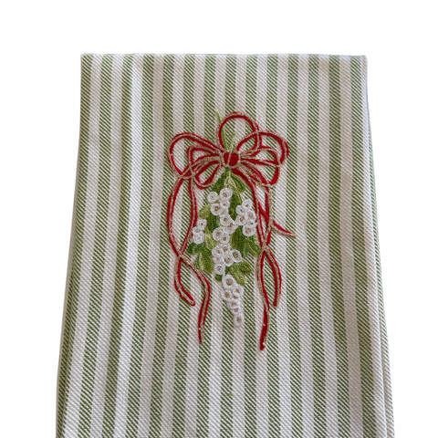 Embroidered Kitchen Towel, Green Mistletoe