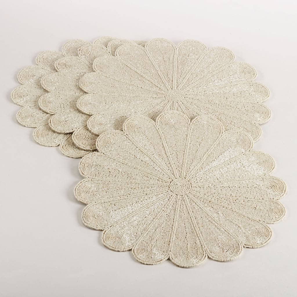 Flower Design Beaded Placemat Ivory - Set of Four