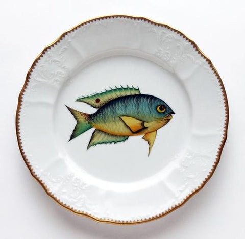 Fish Dinner Plate, Aqua With Yellow