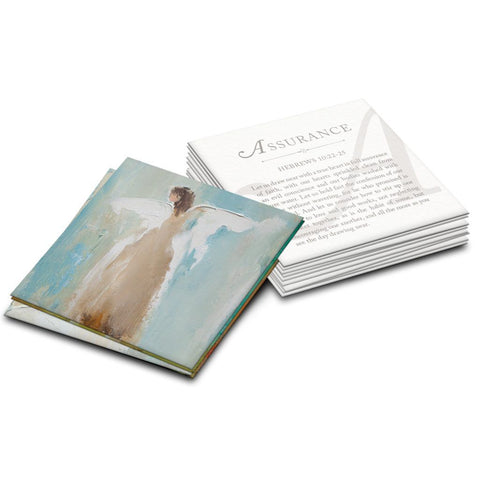 Daily scripture reminders are as easy as ABC with this set of thoughtfully selected scriptures and Angel images designed to encourage and uplift your spirit. Our curated scripture cards feature 26, 4 x 4 inch cards with an original Angel on one side, and a carefully chosen scripture verse on the other. Each set comes with one acrylic stand for displaying the scripture cards.