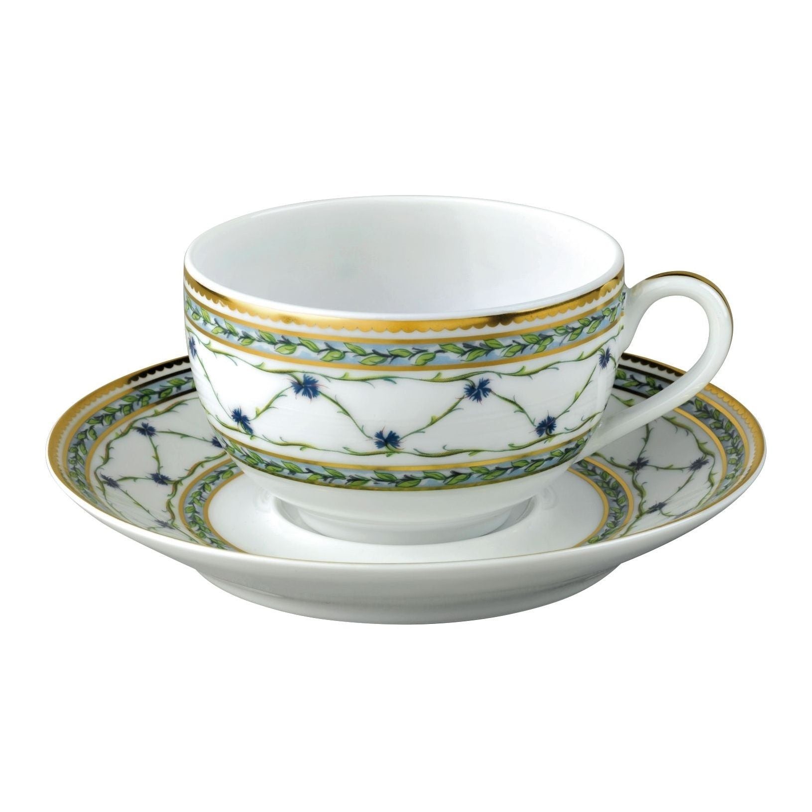 Handpainted cornflowers and greenery are trimmed with 24k gold accents. Fine Limoges porcelain from Raynaud in France. Dishwasher safe.