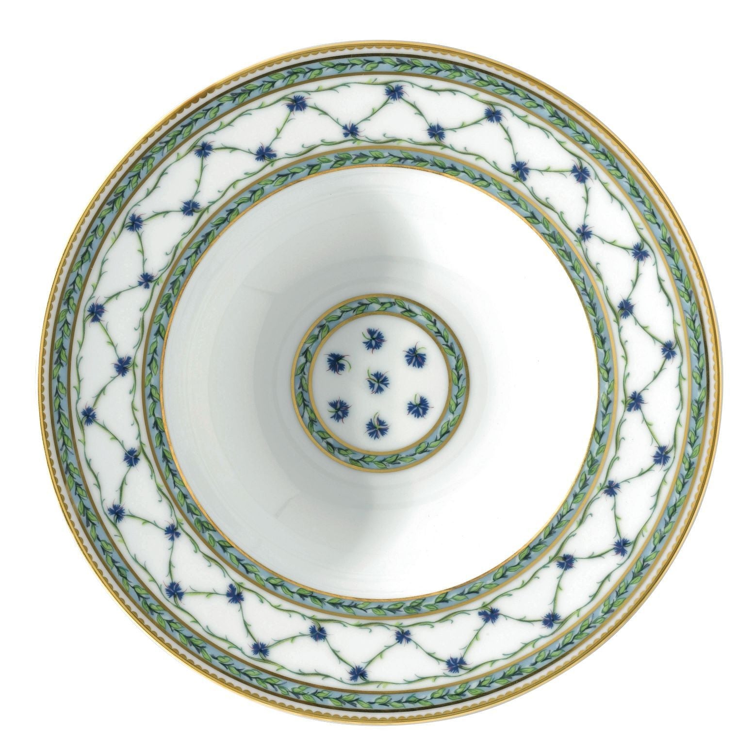 Raynaud's Allee Royale pattern of fine Limoges porcelain, including the round salad plate, is likely to become a treasured family heirloom. Decorated with blue and green floral festoons and a delicate gold band, it will invest any table with old world elegance.