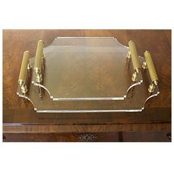 Acrylic Footed Tray in clear with Brass Handles.  Dimensions, Large Tray: 14" x 22"
