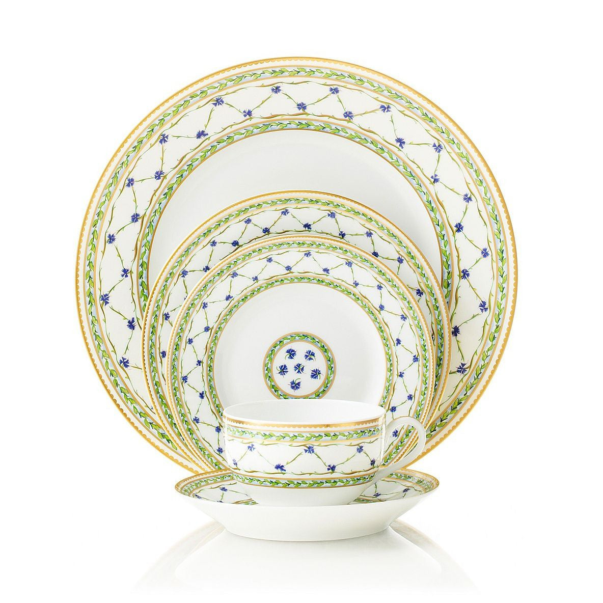 Raynaud's Allee Royale pattern of fine Limoges porcelain, including the round salad plate, is likely to become a treasured family heirloom. Decorated with blue and green floral festoons and a delicate gold band, it will invest any table with old world elegance.