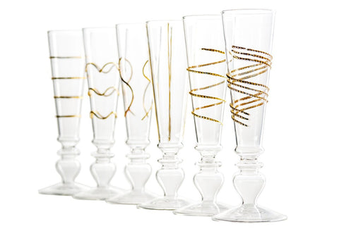 Set of Six Stemmed Gold Champagne Flutes