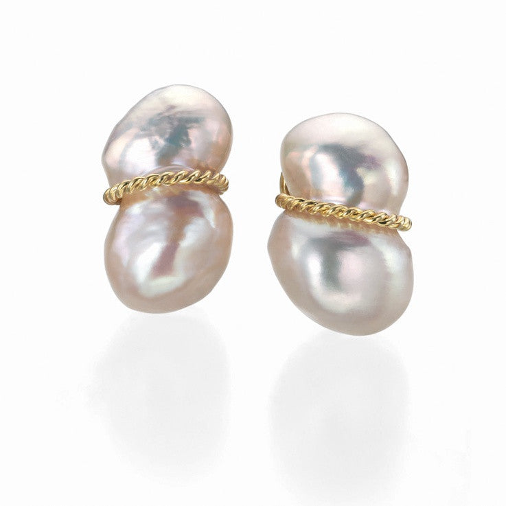 Fresh Water Peanut Pearl and Gold Earrings