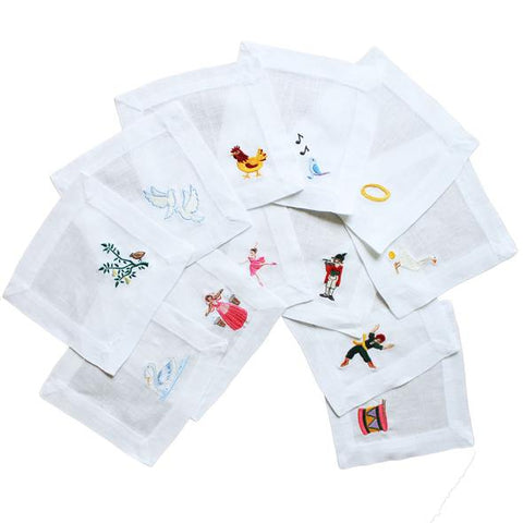 Sold in a set of 12; each napkin includes the motif from each of the 12 days of Christmas.  6.5 x 6.5 inch embroidered cocktail napkin  Linen // Machine washable // Lay flat to dry