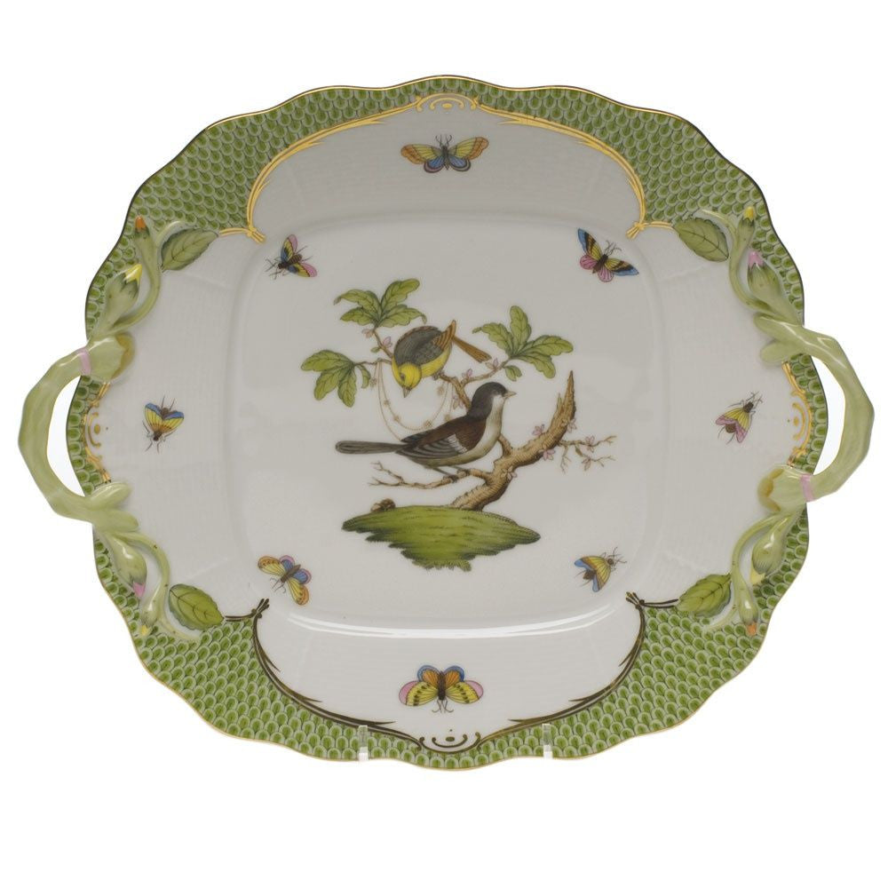 Rothschild Bird Green Border Cake Plate With Handles
