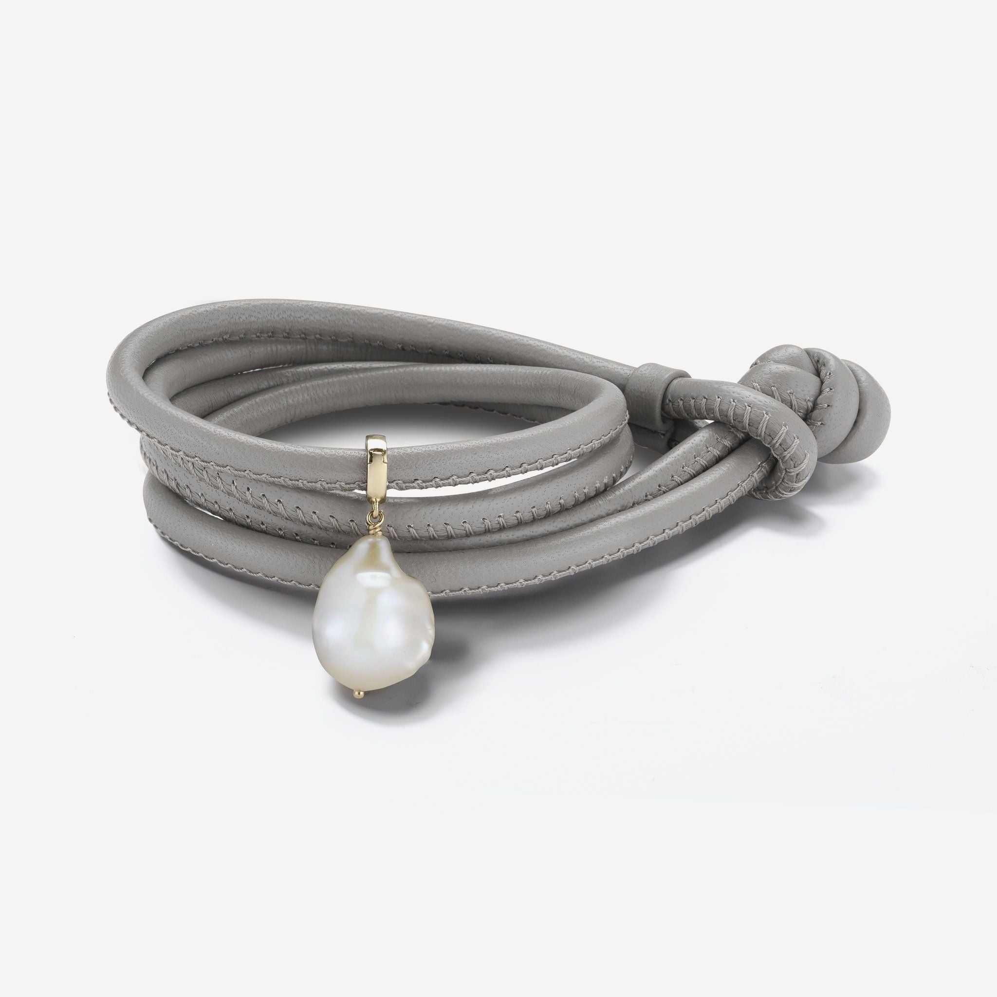 Leather Collection. Taupe Leather Baroque White Pearl Bracelet