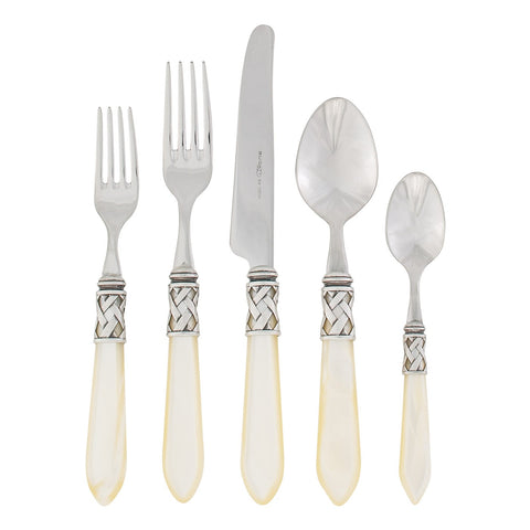 The Aladdin antique five-piece place setting features elegant pearlized handles with the strength of high-grade acrylic and 18/10 stainless steel.   Dishwasher safe, please use the low energy/air dry cycle, with handles up in the basket.