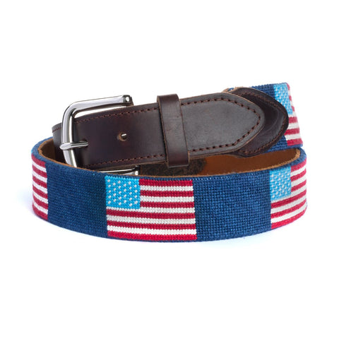 Made with: Pearl Cotton Thread, 18-Count Mono Canvas, Full-Grain Leather, Solid Brass Buckle  Our hand-stitched American Flag Needlepoint Belt is 1.25″ in width and is finished with full grain leather and a solid brass buckle