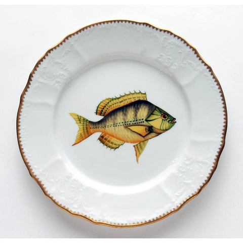 Fish Dinner Plate, Gold With Aqua Highlights