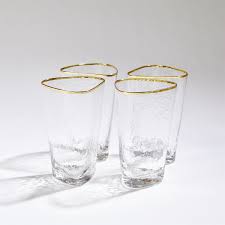 Set of 4 Hammered High Ball Glasses with Gold Rim